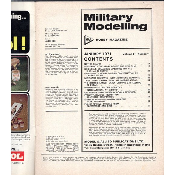 Military Modelling Hobby Magazine Issue Number ONE, Jan. 1971, Complete Original - Picture 2 of 5